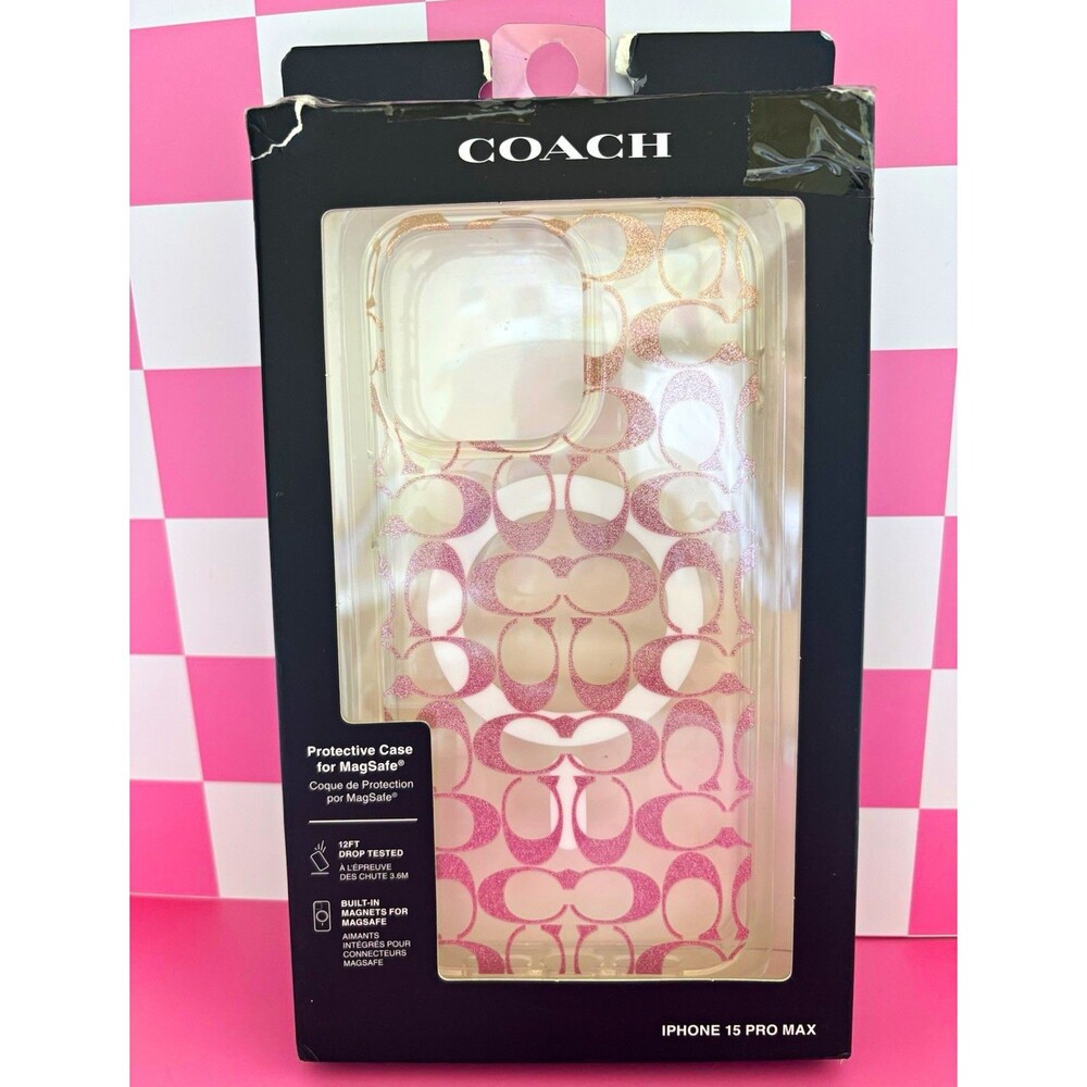Coach Clear Pink Glitter Logo Pattern Case for iPhone 15 Pro Max MagSafe